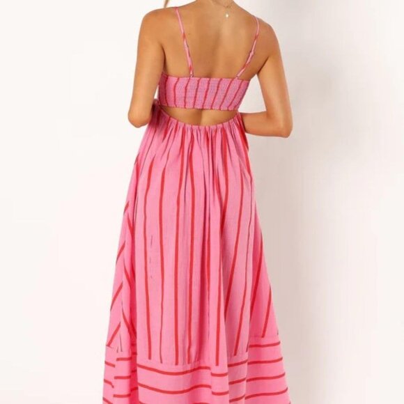 Women's Striped Maxi Dress Cotton Blend Sleeveless Cutout Flowing - Picture 3 of 7